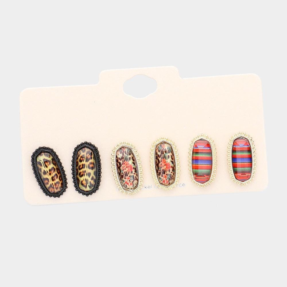 3Pairs - Leopard Serape Patterned Hexagon Stud Earrings - Jewelry Store by Erik Rayo
