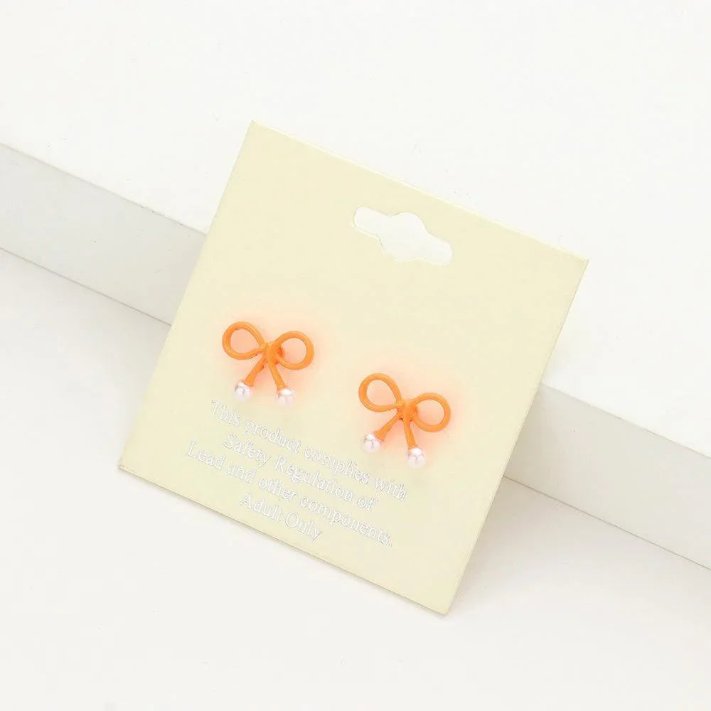Orange Bow stud earrings with pearls - Jewelry Store by Erik Rayo