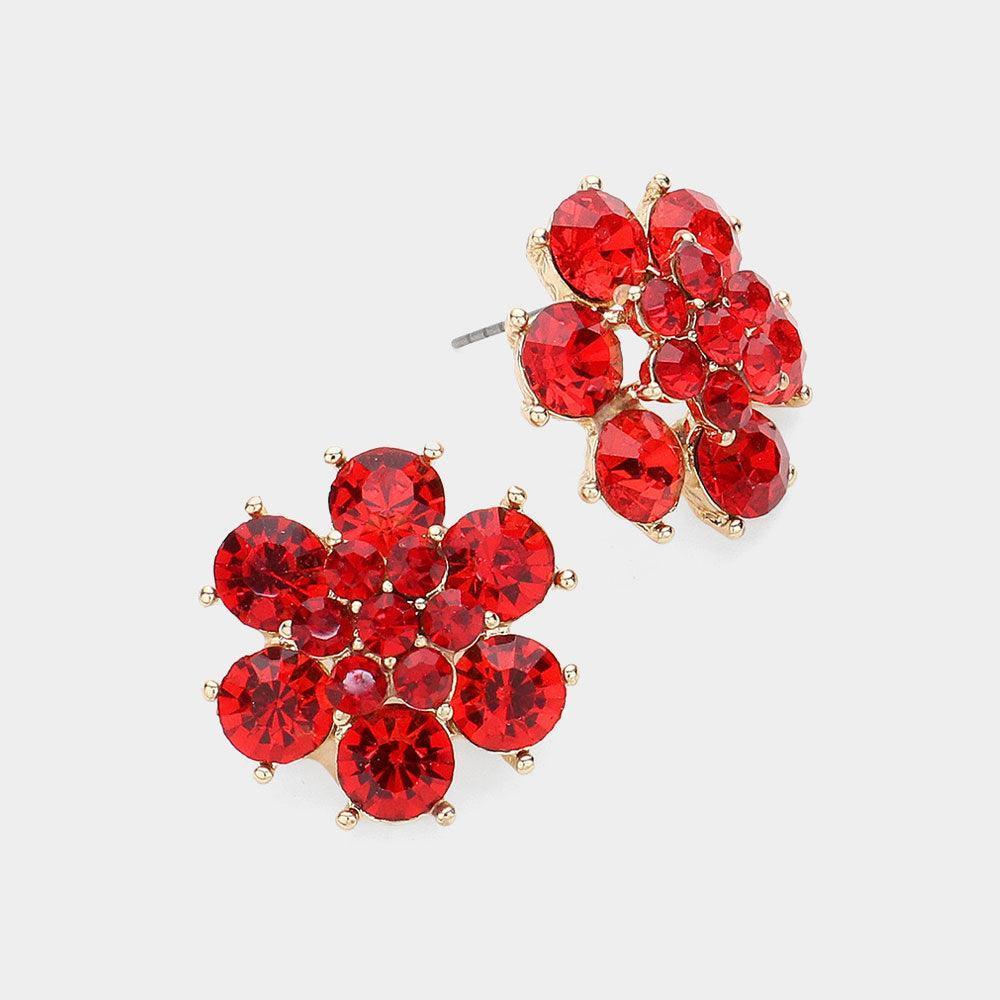 Red Crystal Round Floral Evening Stud Earrings - Jewelry Store by Erik Rayo