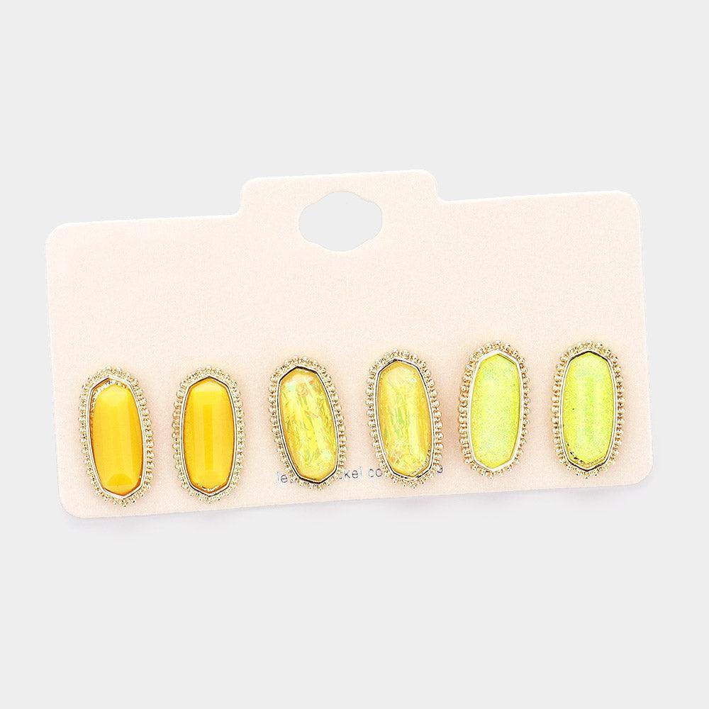 Yellow 3Pairs - Gold Trim Hexagon Bead Stud Earrings - Jewelry Store by Erik Rayo