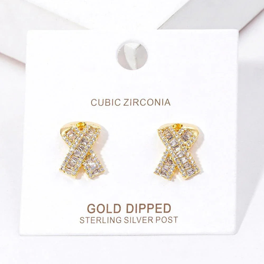 Silver Gold Dipped CZ Pink Ribbon Stud Earrings - Jewelry Store by Erik Rayo