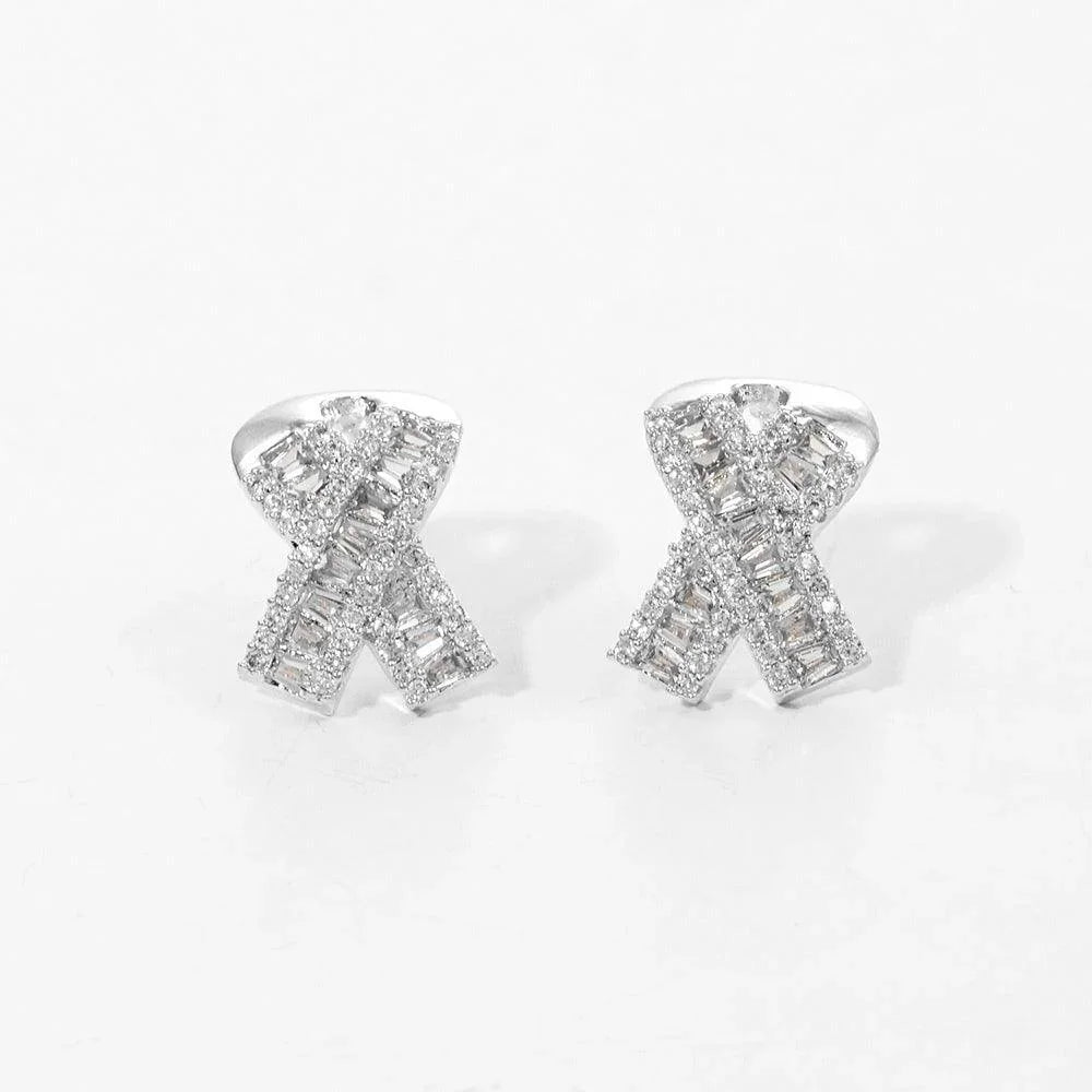Silver White Gold Dipped CZ Pink Ribbon Stud Earrings - Jewelry Store by Erik Rayo