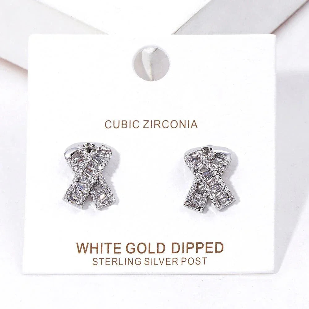 Silver White Gold Dipped CZ Pink Ribbon Stud Earrings - Jewelry Store by Erik Rayo