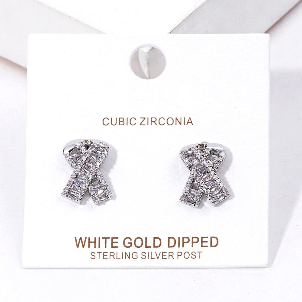 Silver White Gold Dipped CZ Pink Ribbon Stud Earrings