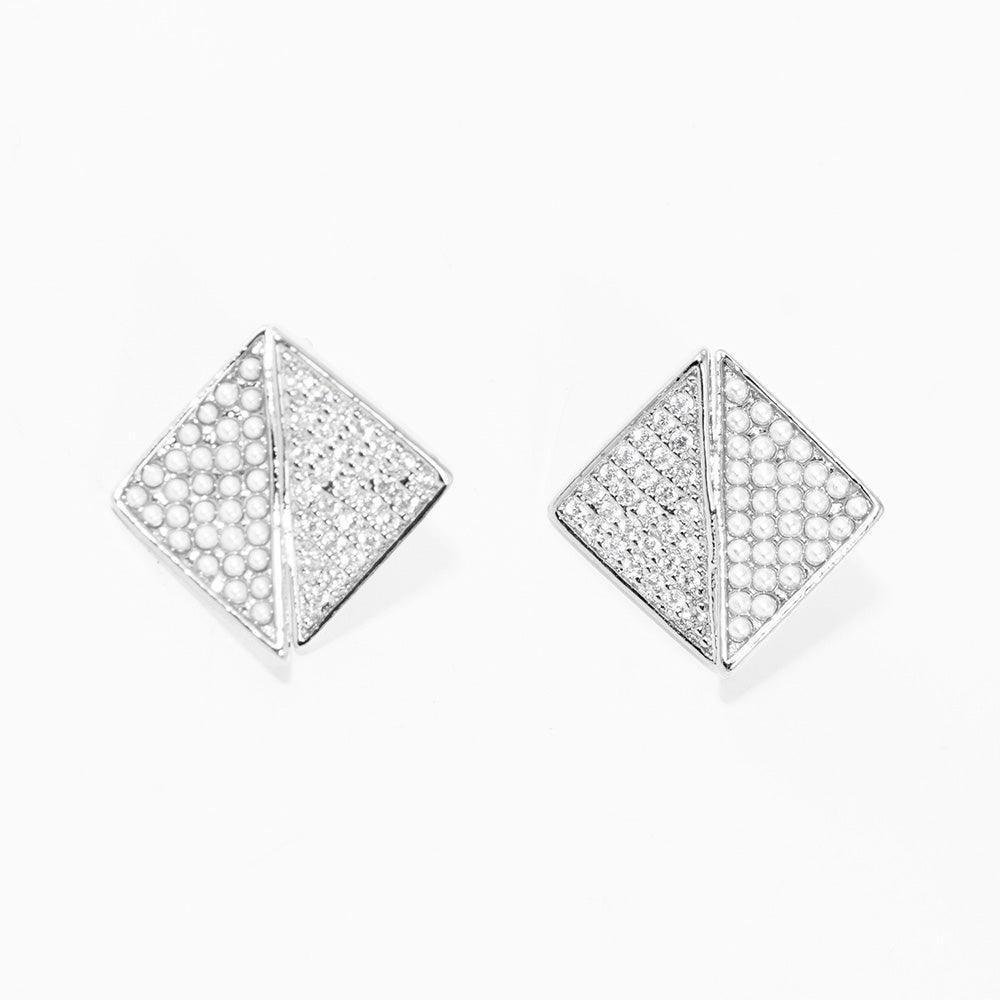White White Gold Dipped CZ Pearl Embellished Geometric Stud Earrings - Jewelry Store by Erik Rayo