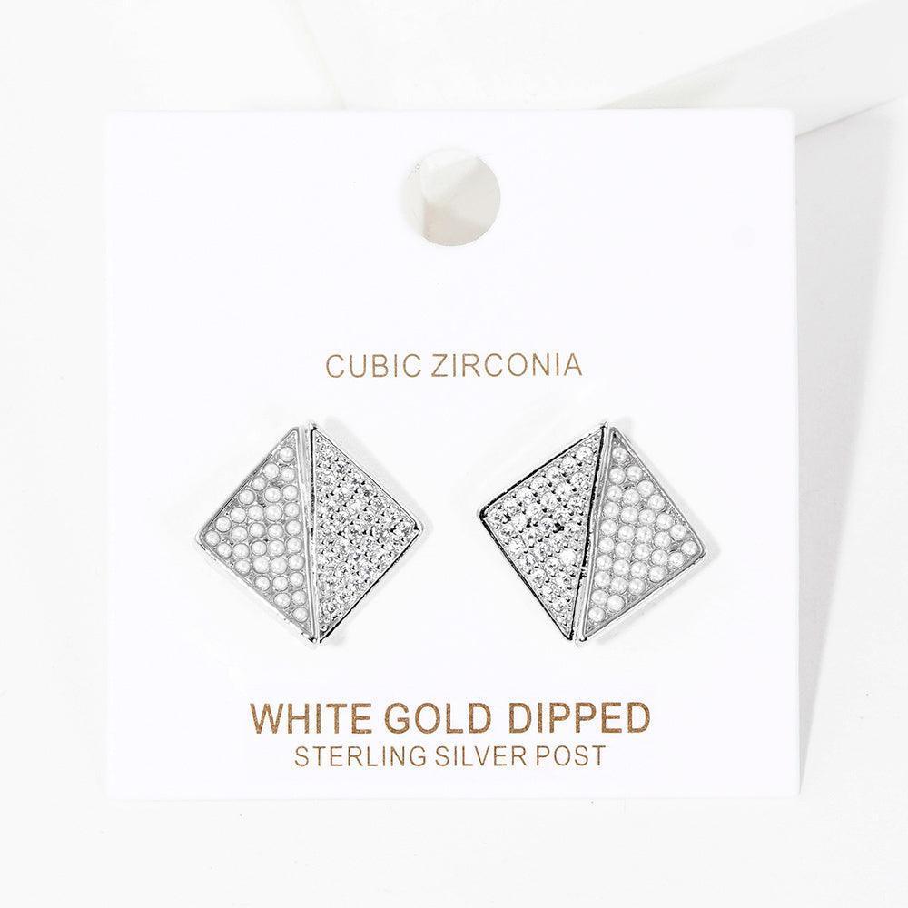 White White Gold Dipped CZ Pearl Embellished Geometric Stud Earrings - Jewelry Store by Erik Rayo