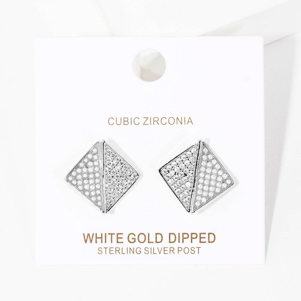 White White Gold Dipped CZ Pearl Embellished Geometric Stud Earrings