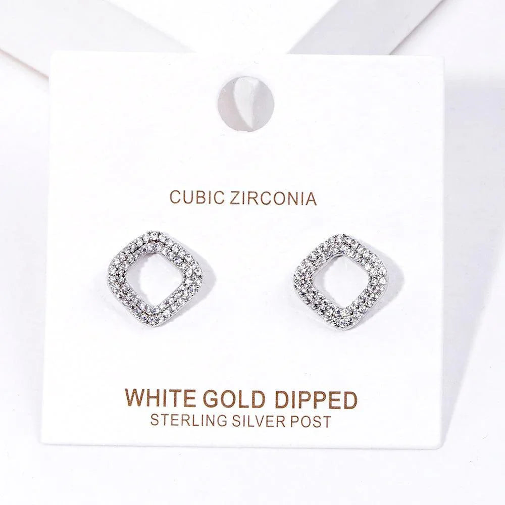 Silver White Gold Dipped CZ Open Square Stud Earrings - Jewelry Store by Erik Rayo