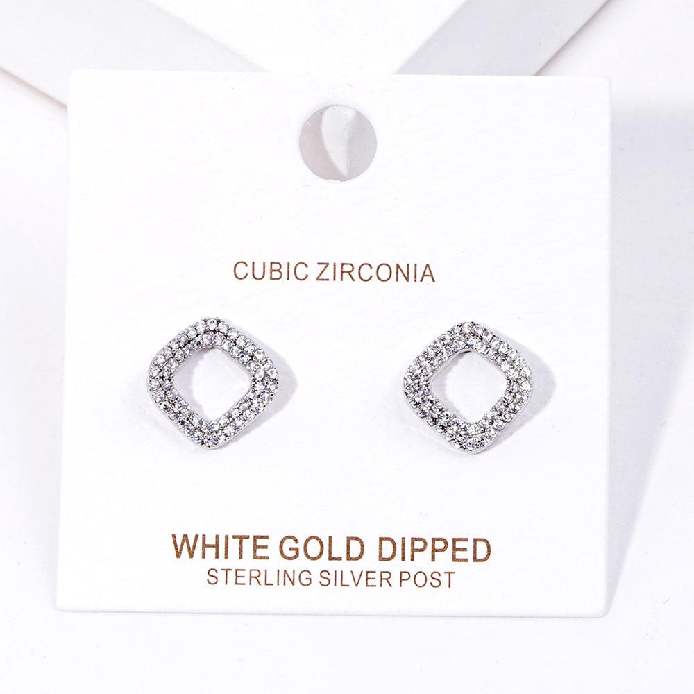 Silver White Gold Dipped CZ Open Square Stud Earrings