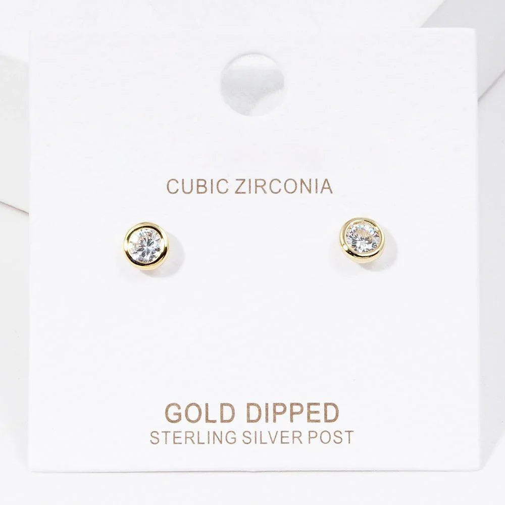 Silver Gold Dipped CZ Stone Bezel Stud Earrings - Jewelry Store by Erik Rayo