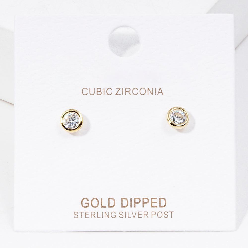 Silver Gold Dipped CZ Stone Bezel Stud Earrings