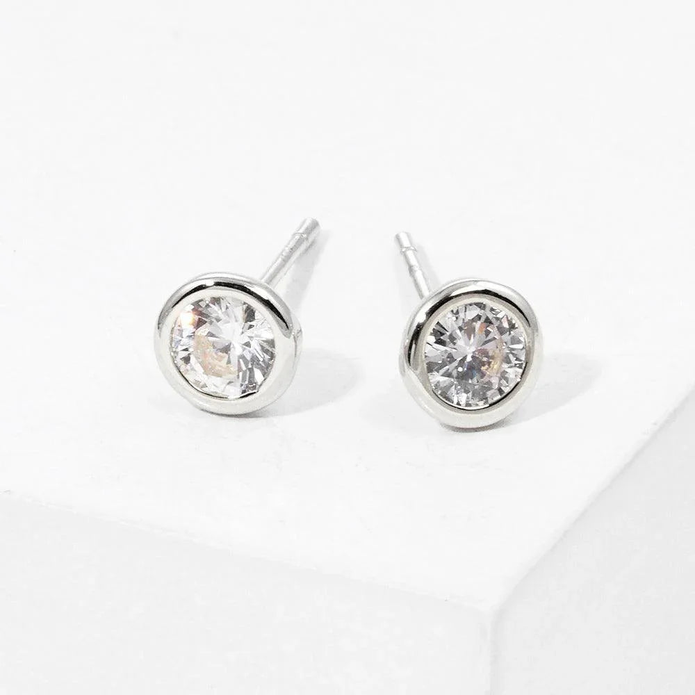Silver White Gold Dipped CZ Stone Bezel Stud Earrings - Jewelry Store by Erik Rayo