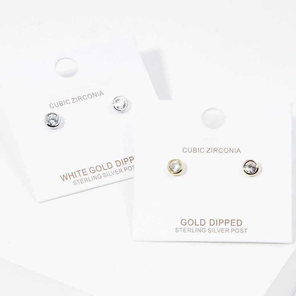 Silver White Gold Dipped CZ Stone Bezel Stud Earrings - Jewelry Store by Erik Rayo