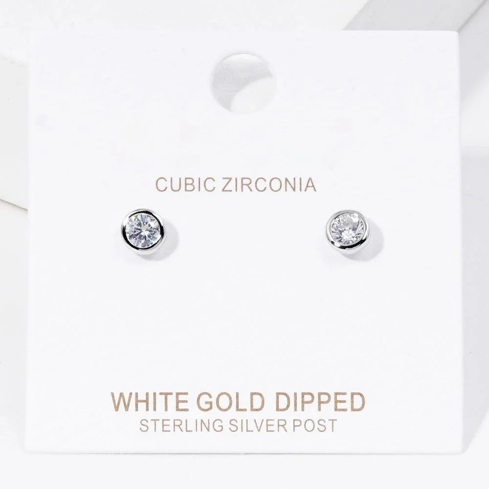 Silver White Gold Dipped CZ Stone Bezel Stud Earrings - Jewelry Store by Erik Rayo