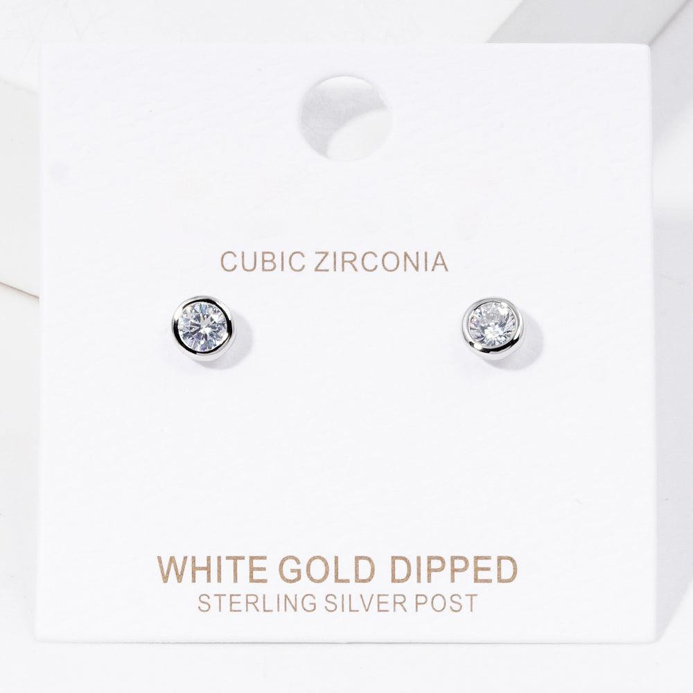 Silver White Gold Dipped CZ Stone Bezel Stud Earrings