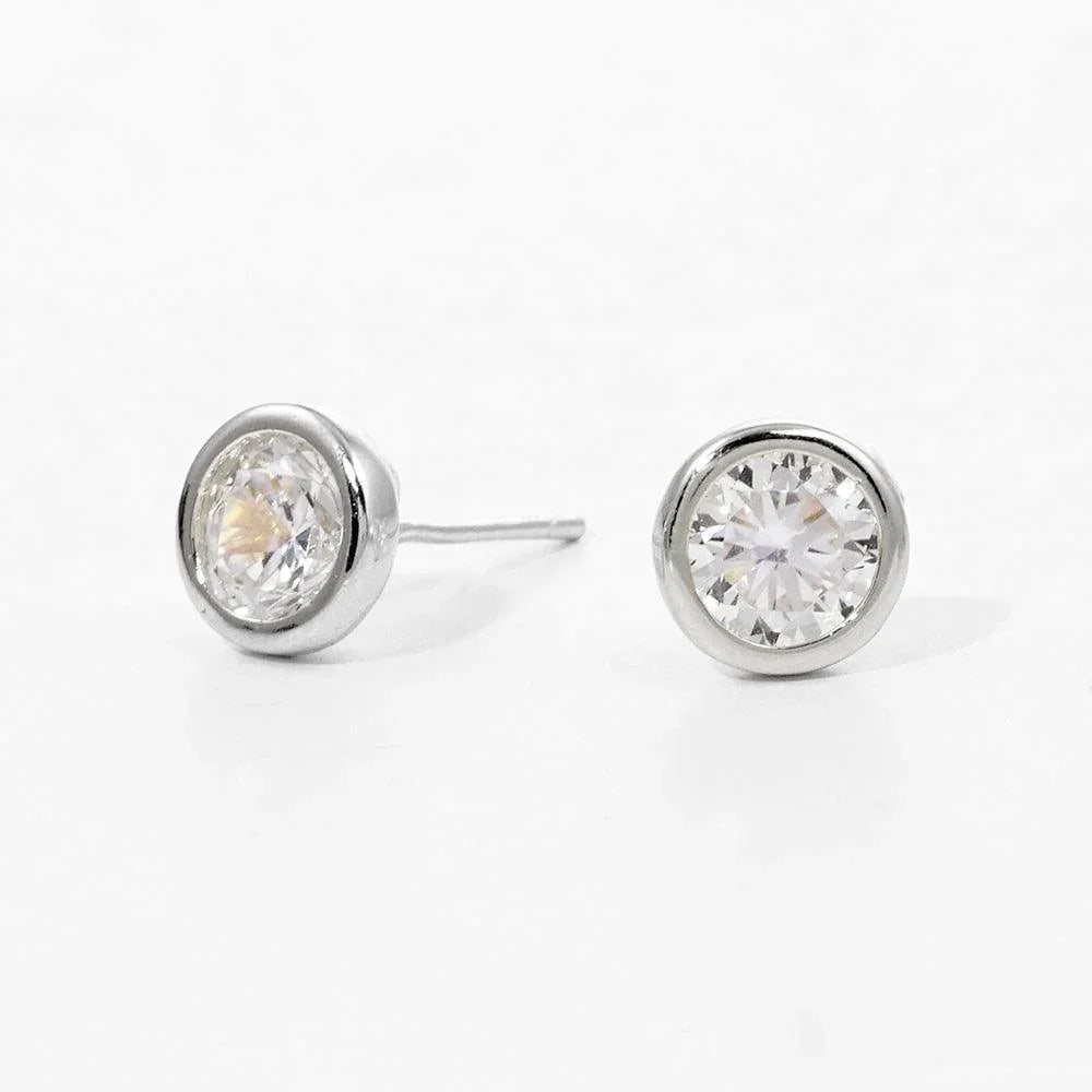 Silver White Gold Dipped CZ Stone Bezel Stud Earrings - Jewelry Store by Erik Rayo