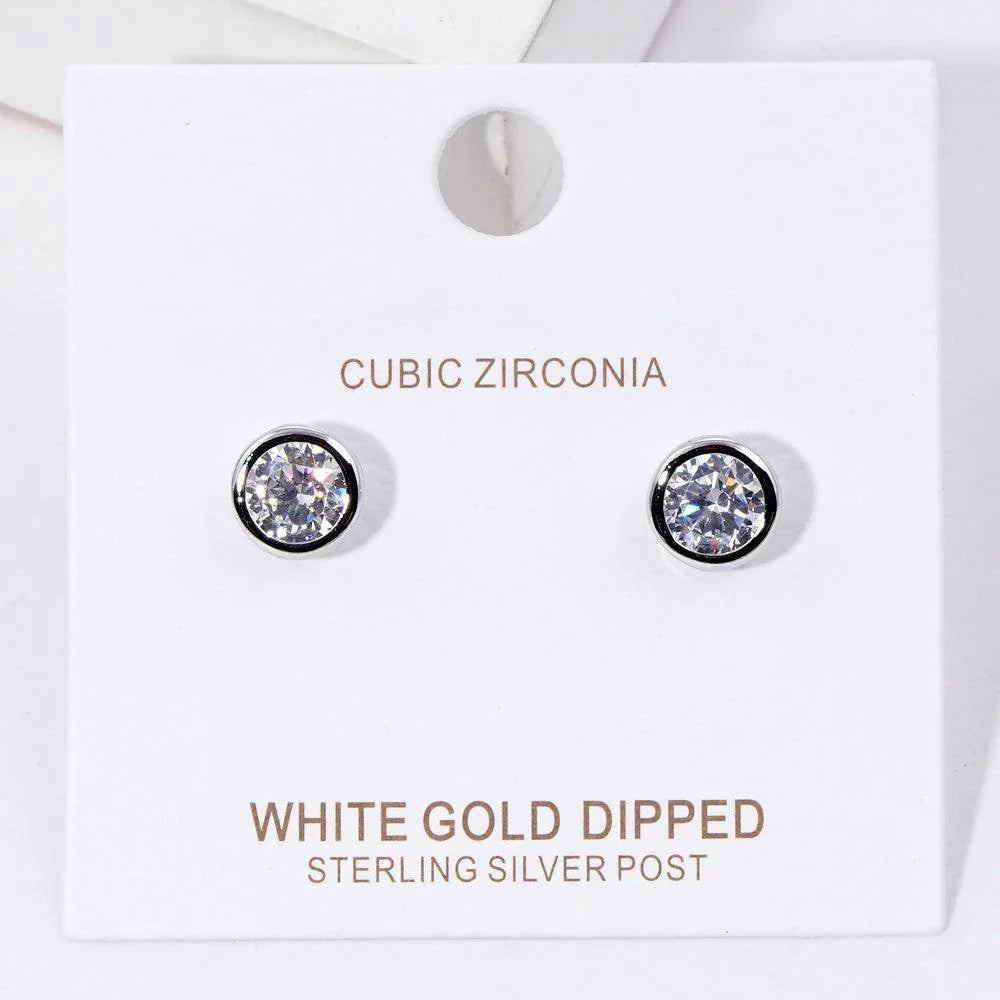 Silver White Gold Dipped CZ Stone Bezel Stud Earrings - Jewelry Store by Erik Rayo