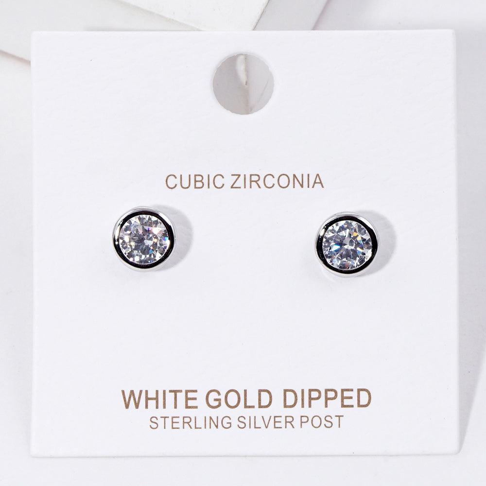 Silver White Gold Dipped CZ Stone Bezel Stud Earrings