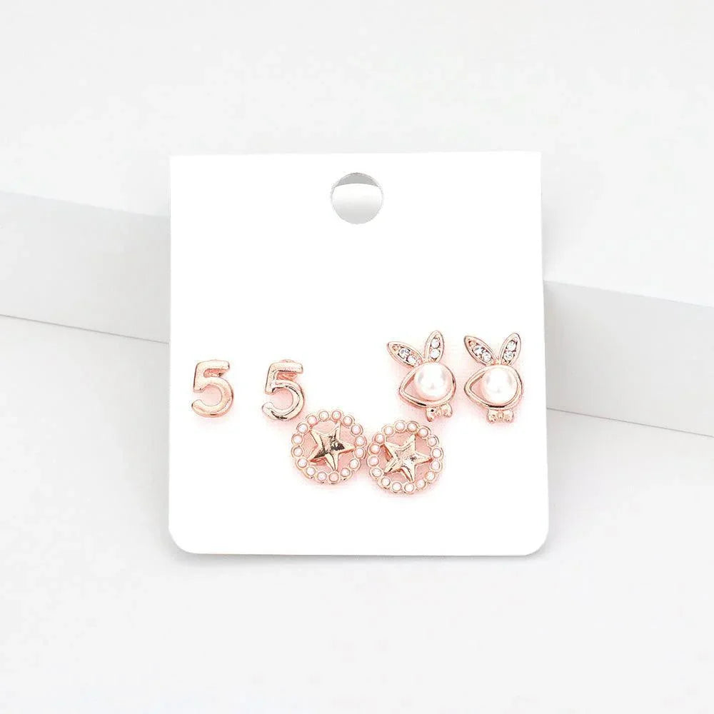 Rose Gold 3Pairs - Pearl Playboy bunny star stud earrings - Jewelry Store by Erik Rayo