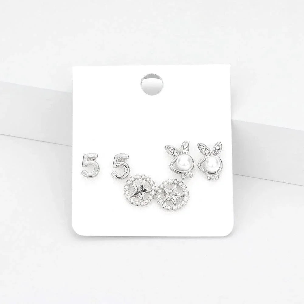 3Pairs - Pearl Playboy bunny star stud earrings - Jewelry Store by Erik Rayo