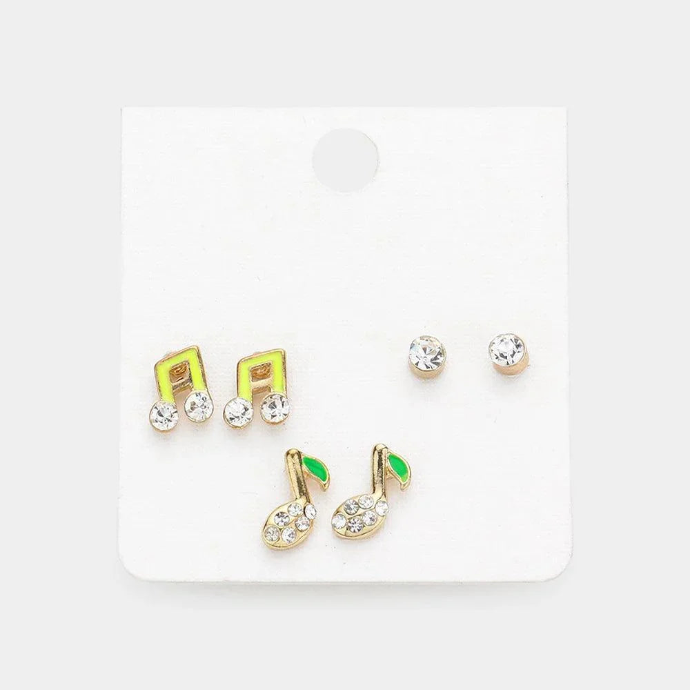 Yellow 3PAIRS - Enamel Music Notes Stud Earrings - Jewelry Store by Erik Rayo