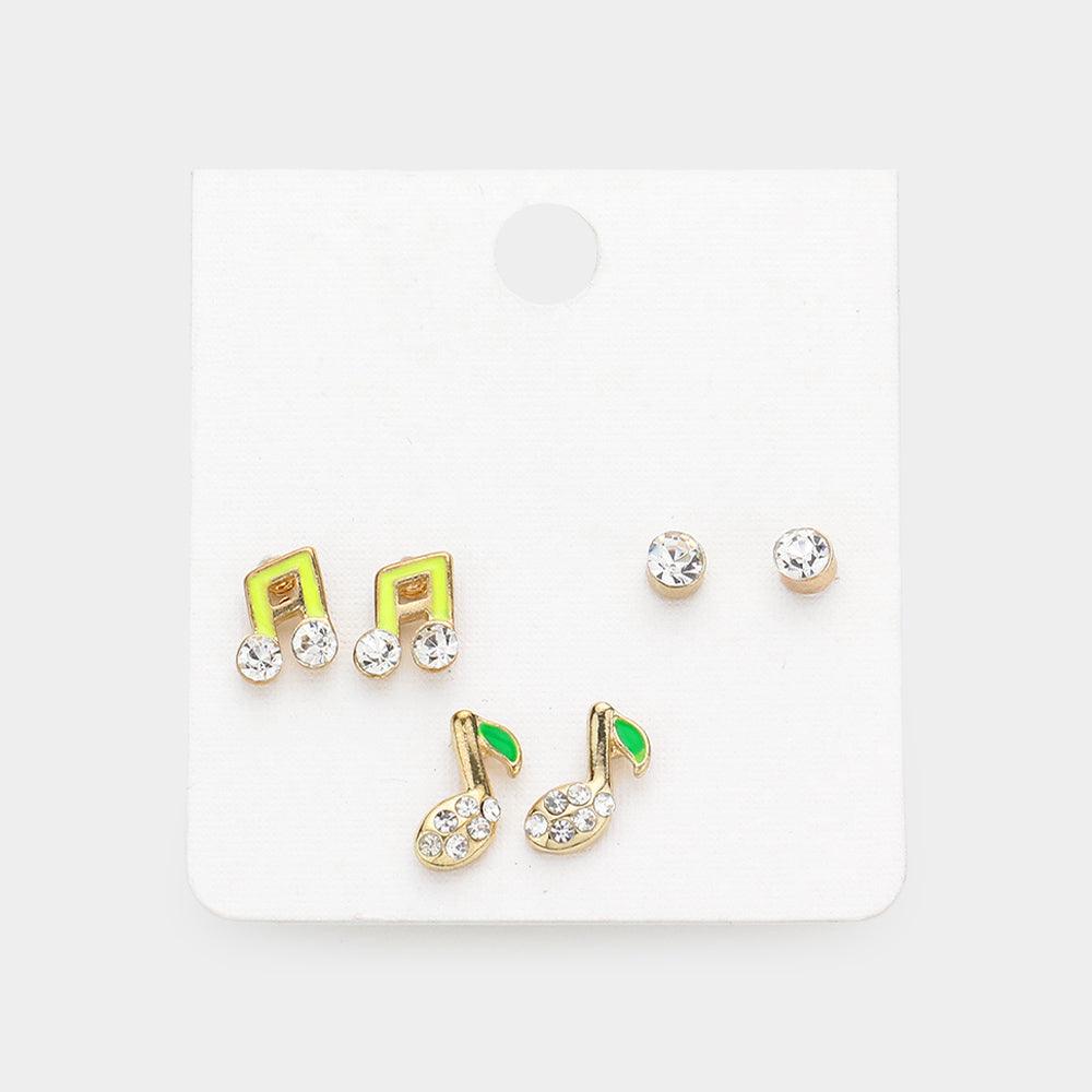 Yellow 3PAIRS - Enamel Music Notes Stud Earrings