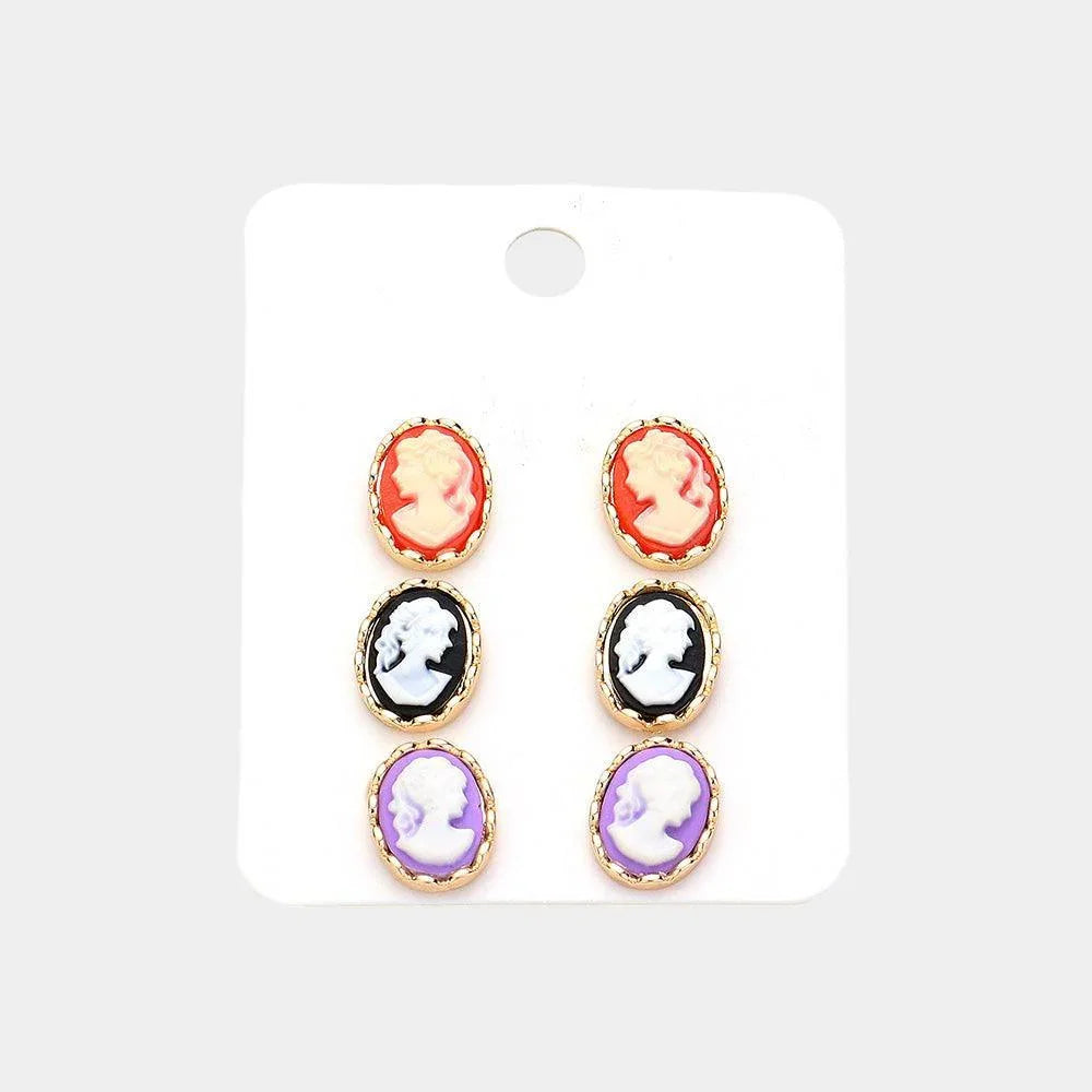 3PAIRS - Cameo Stud Earrings - Jewelry Store by Erik Rayo