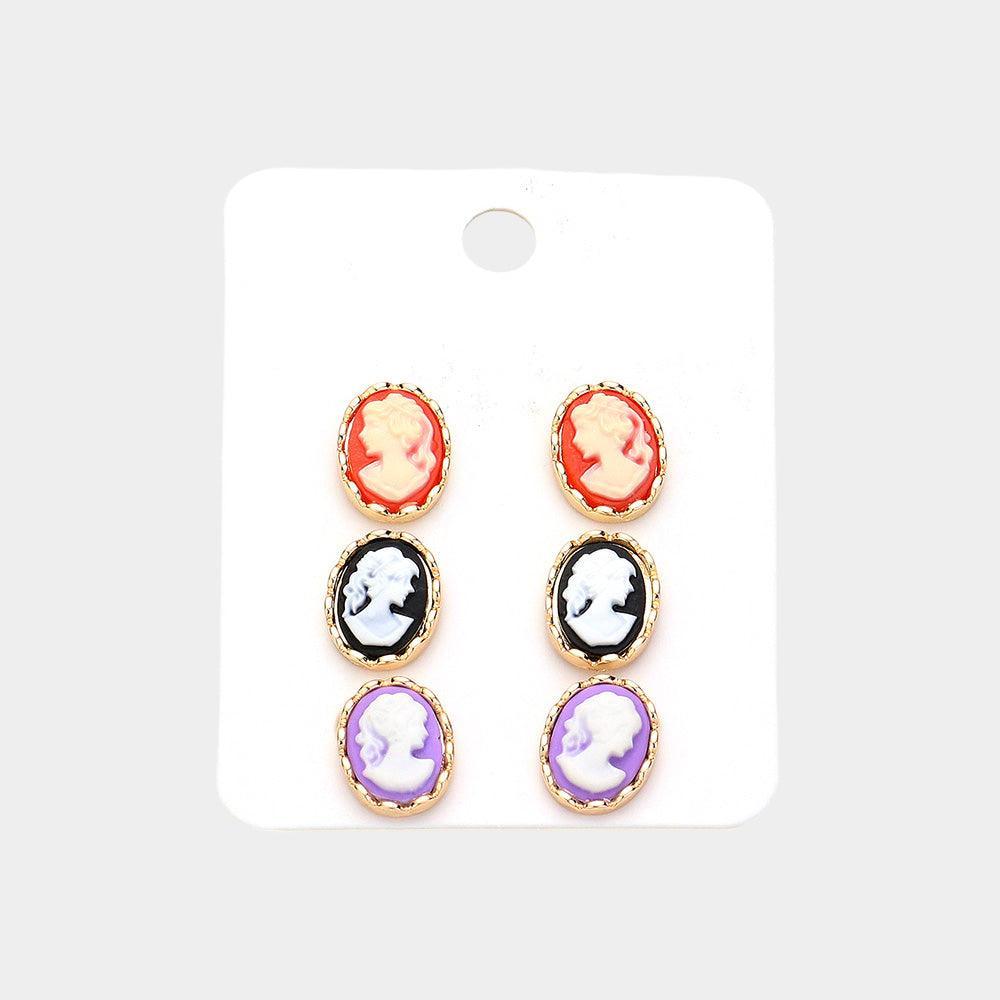 3PAIRS - Cameo Stud Earrings