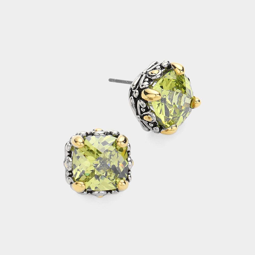 Green Square CZ Stone Cluster Stud Earrings - Jewelry Store by Erik Rayo