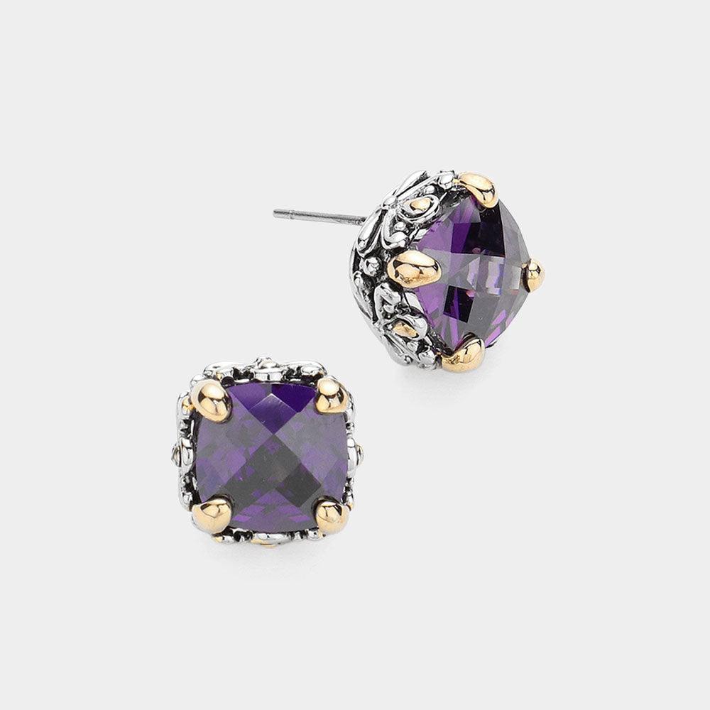 Square CZ Stone Cluster Stud Earrings