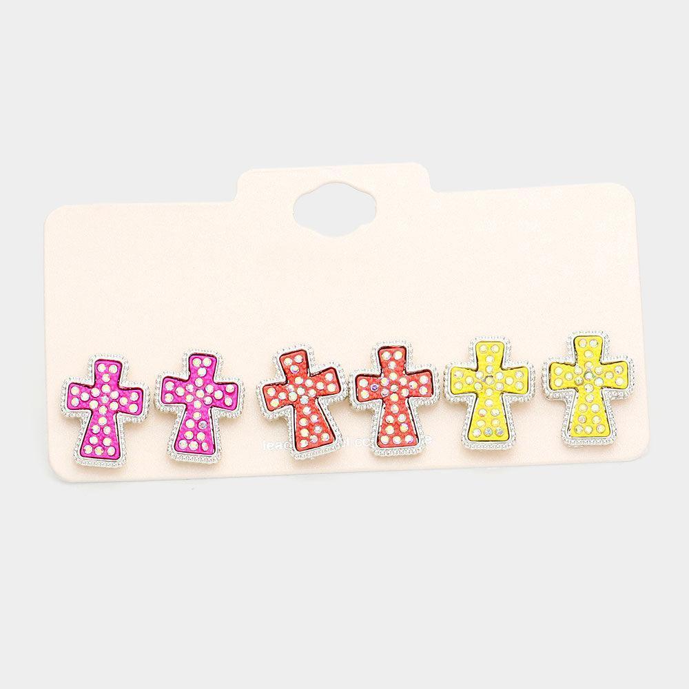 3Pairs - Rhinestone Embellished Cross Stud Earrings - Jewelry Store by Erik Rayo