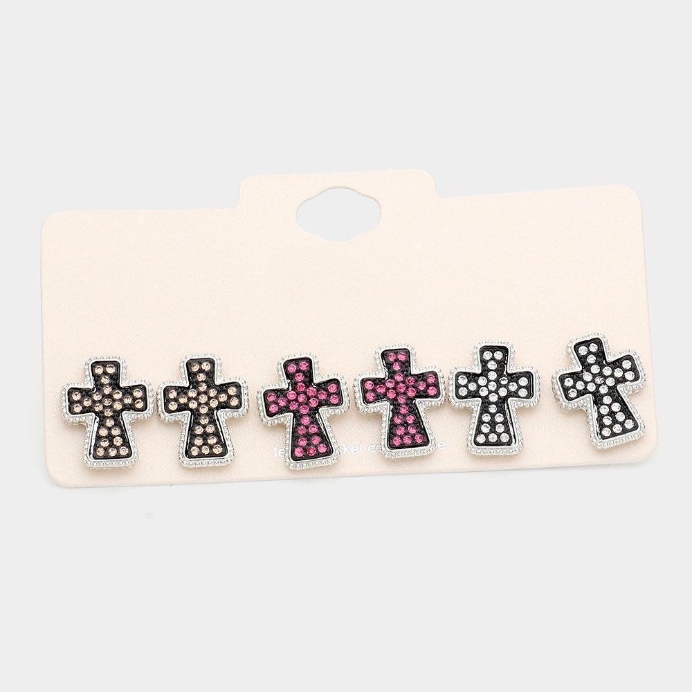 3Pairs - Rhinestone Embellished Cross Stud Earrings - Jewelry Store by Erik Rayo