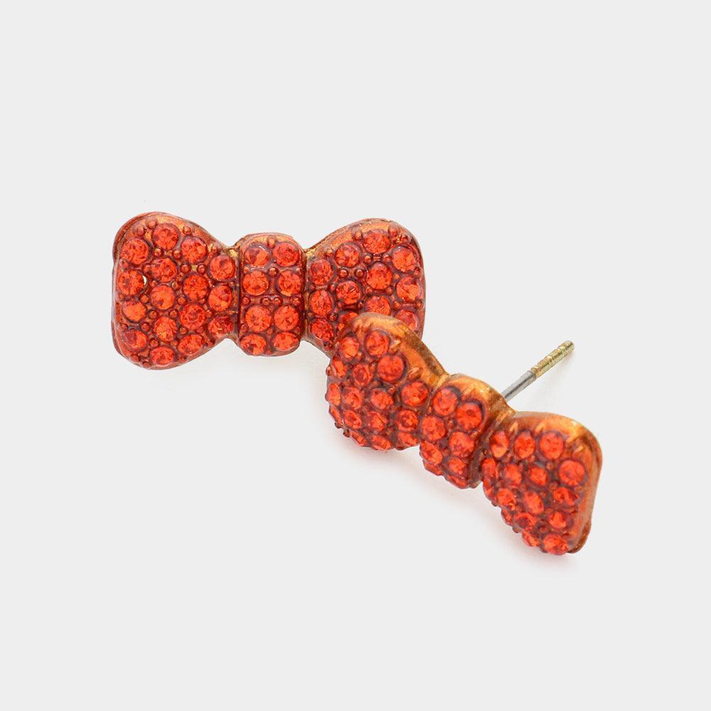 Orange Rhinestone Embellished Bow Stud Earrings - Jewelry Store by Erik Rayo