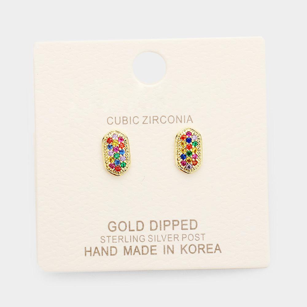 Silver Gold Dipped CZ Colorful Stone Pave Stud Earrings