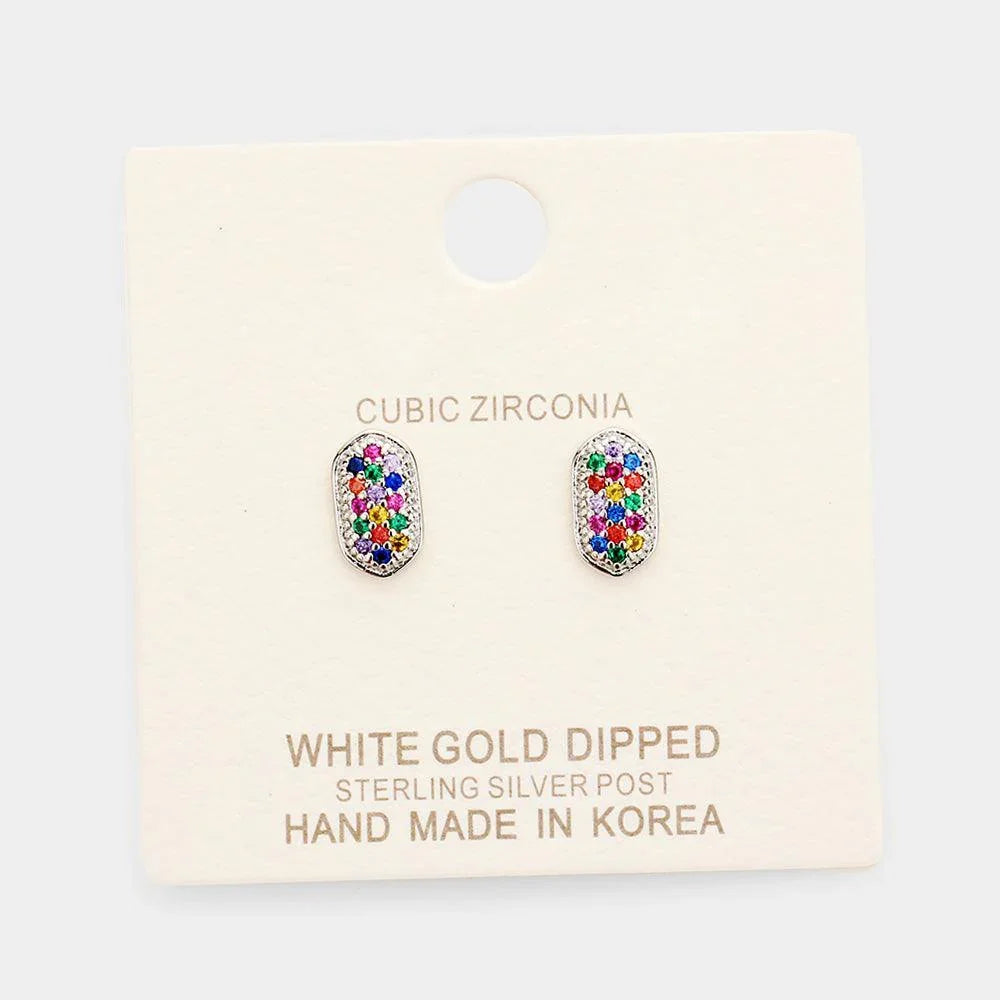 Silver White Gold Dipped CZ Colorful Stone Pave Stud Earrings - Jewelry Store by Erik Rayo