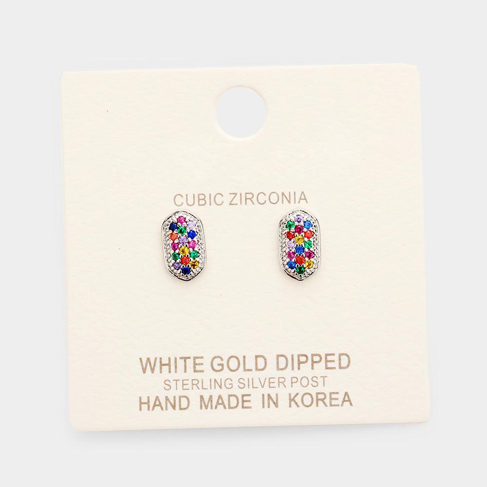 Silver White Gold Dipped CZ Colorful Stone Pave Stud Earrings