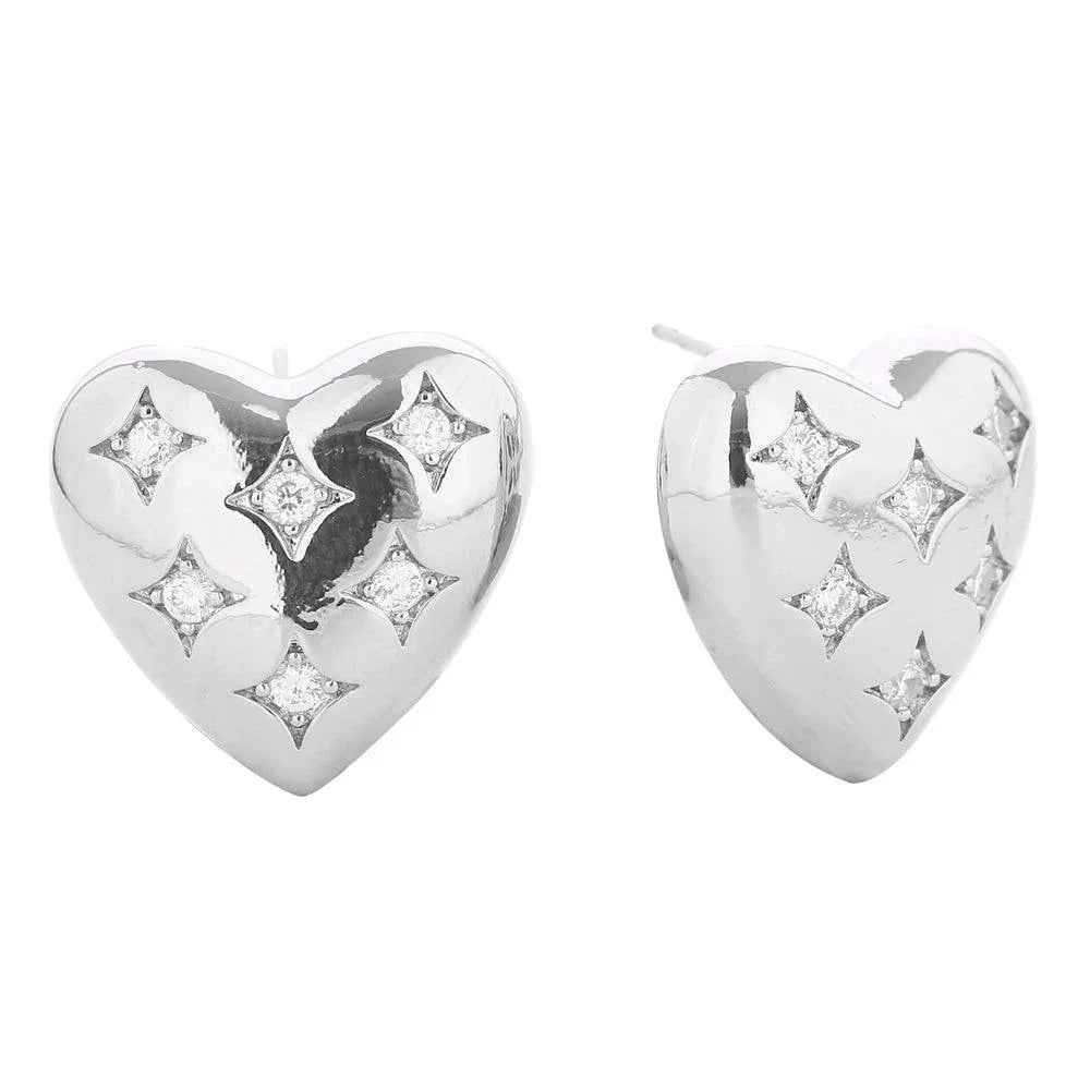 Silver White Gold Dipped CZ Stone Paved Puffy Heart Stud Earrings - Jewelry Store by Erik Rayo