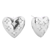 Load image into Gallery viewer, Silver White Gold Dipped CZ Stone Paved Puffy Heart Stud Earrings
