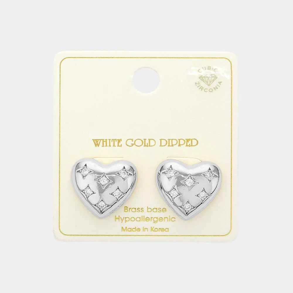 Silver White Gold Dipped CZ Stone Paved Puffy Heart Stud Earrings - Jewelry Store by Erik Rayo