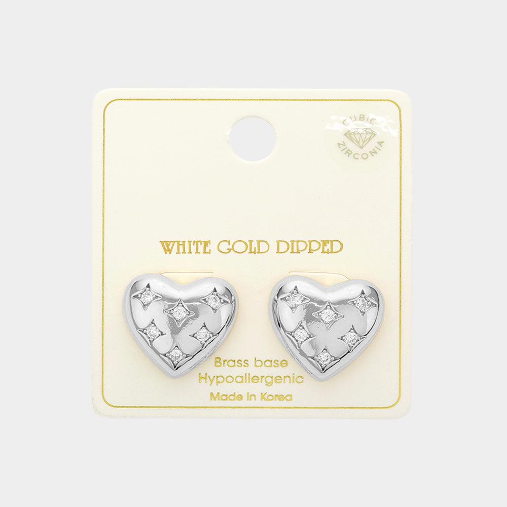 Silver White Gold Dipped CZ Stone Paved Puffy Heart Stud Earrings