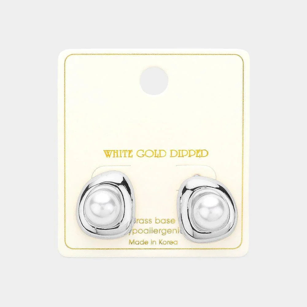 Silver White Gold Dipped Abstract Pearl Stud Earrings - Jewelry Store by Erik Rayo