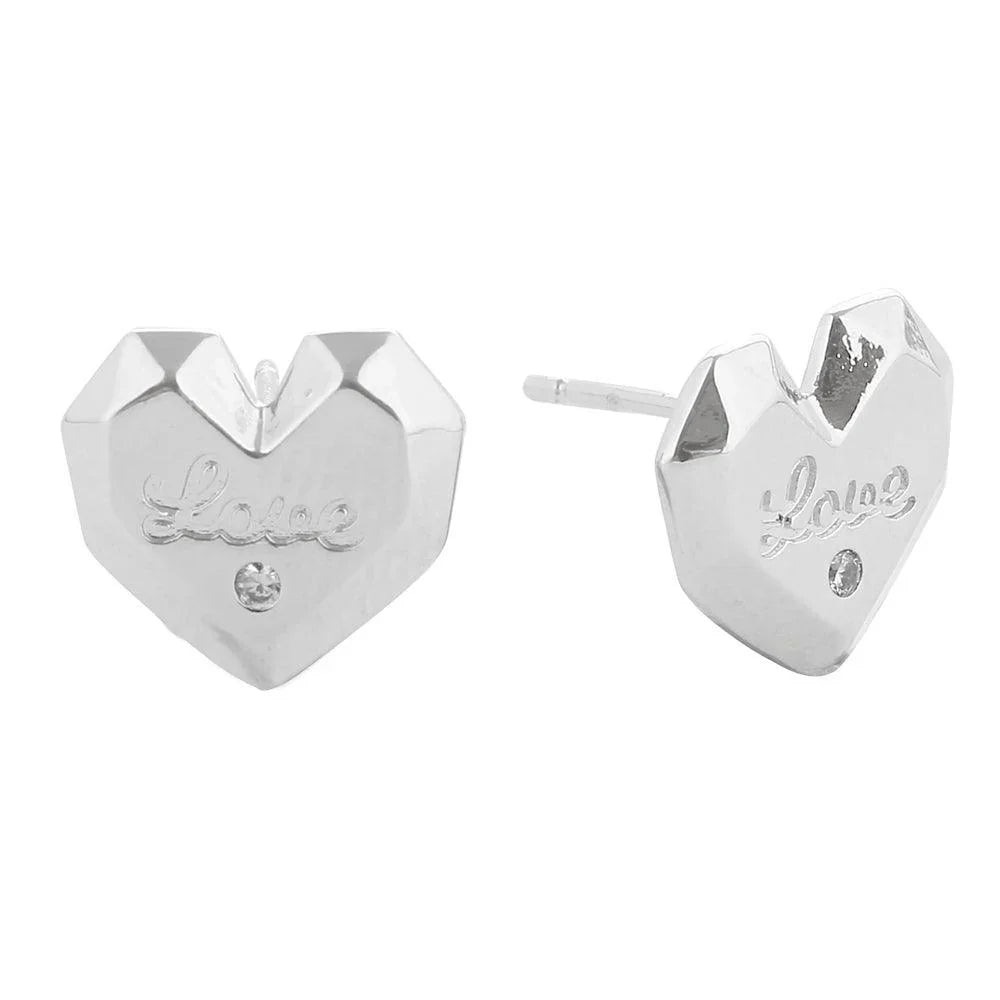 Silver White Gold Dipped LOVE Message CZ Stone Paved Stud Earrings - Jewelry Store by Erik Rayo