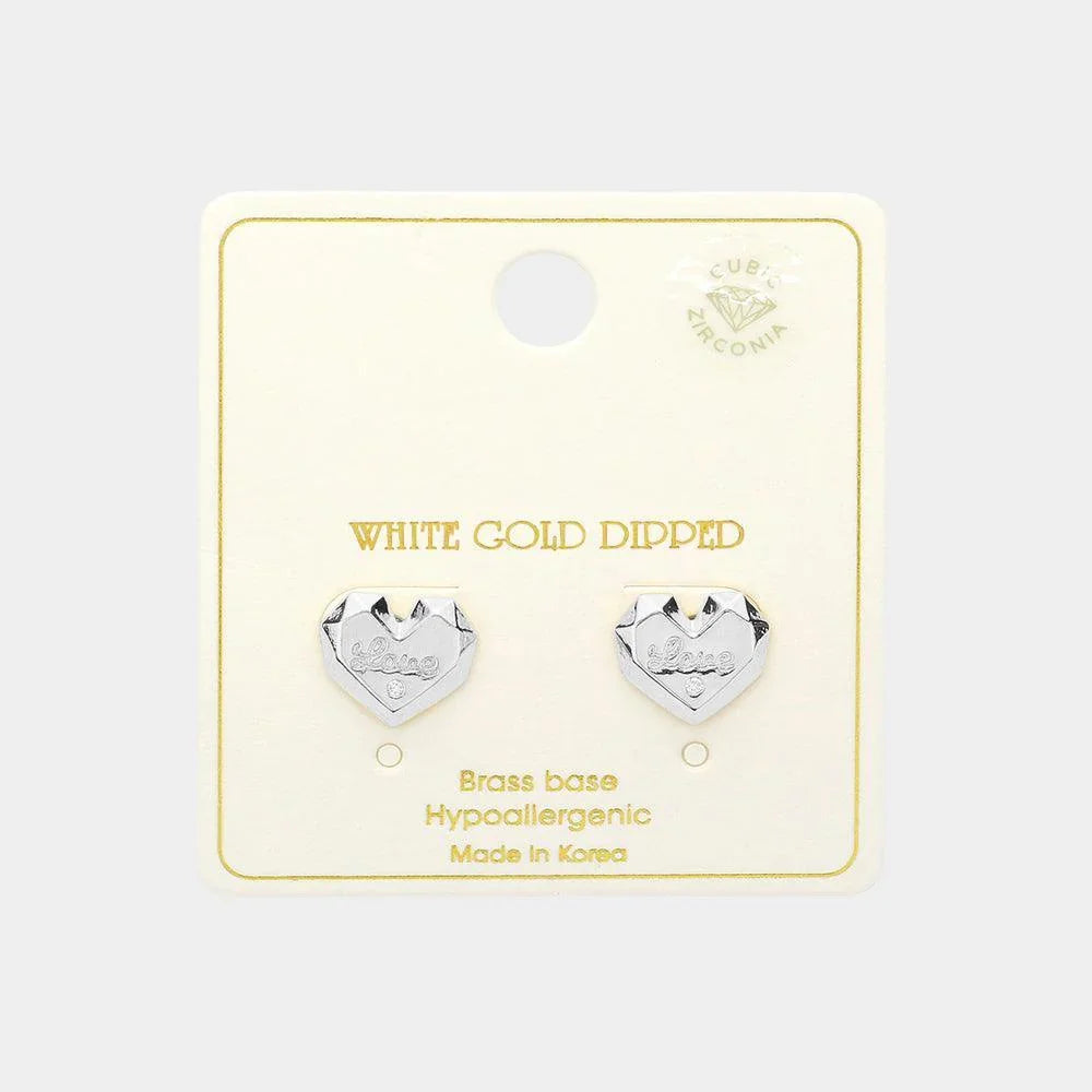 Silver White Gold Dipped LOVE Message CZ Stone Paved Stud Earrings - Jewelry Store by Erik Rayo