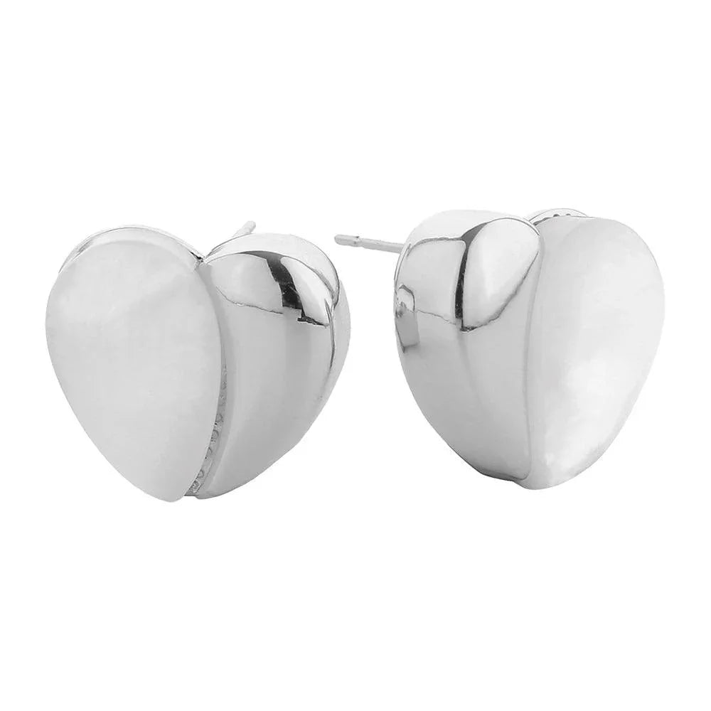 Silver White Gold Dipped Half Mother Of Pearl Heart Stud Earrings - Jewelry Store by Erik Rayo