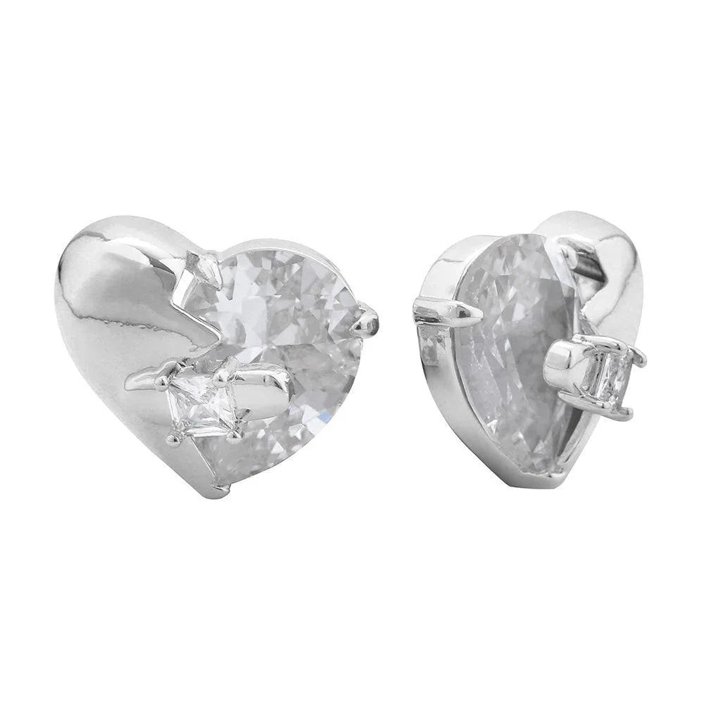 Silver White Gold Dipped Mystic Heart CZ Stone Paved Stud Earrings - Jewelry Store by Erik Rayo