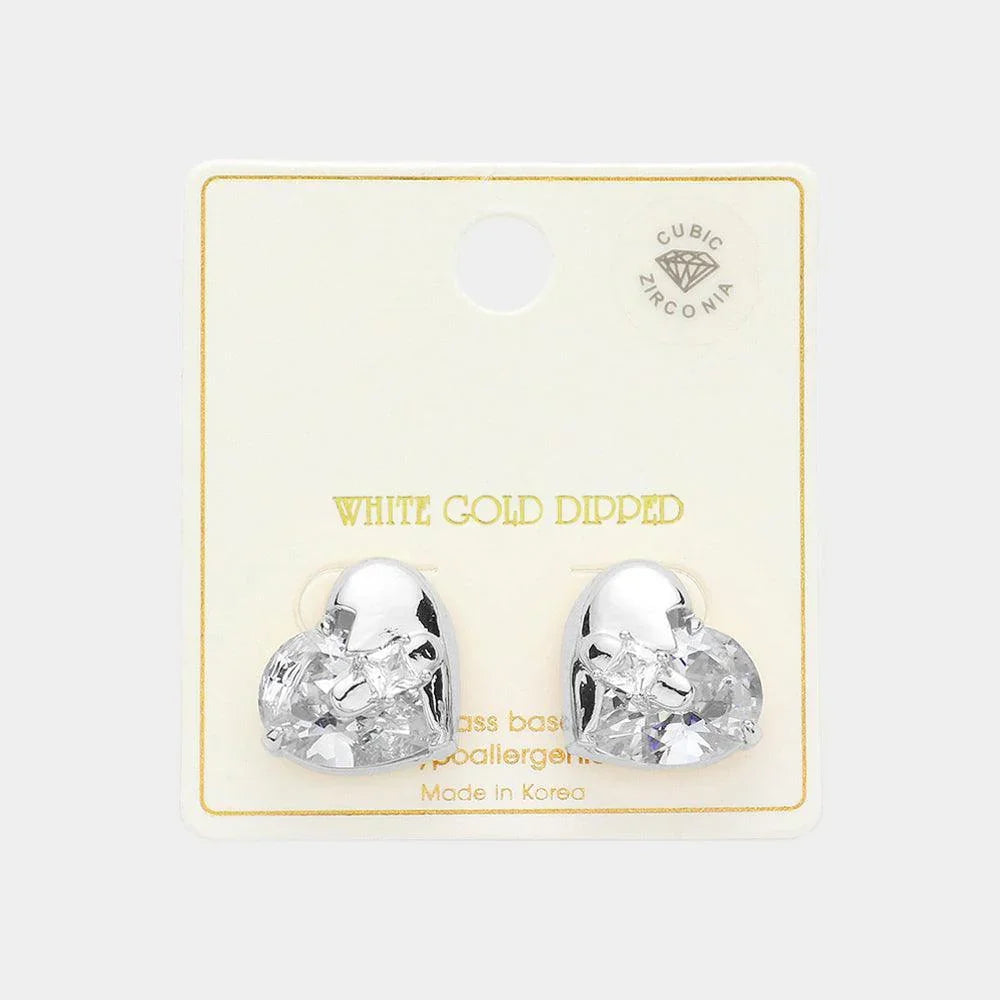 Silver White Gold Dipped Mystic Heart CZ Stone Paved Stud Earrings - Jewelry Store by Erik Rayo