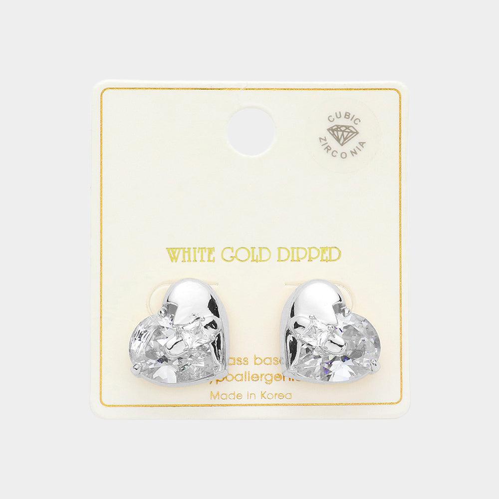 Silver White Gold Dipped Mystic Heart CZ  Stone Paved Stud Earrings