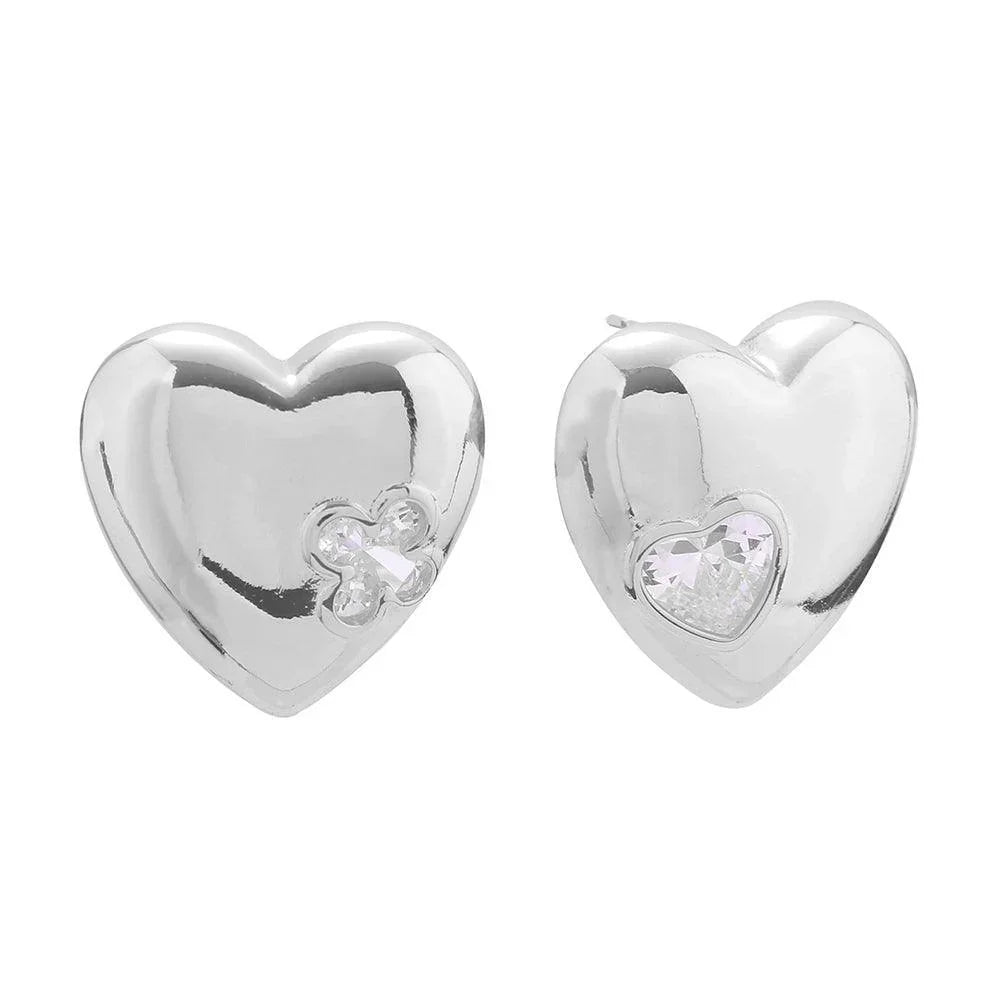 Silver White Gold Dipped CZ Stone Pointed Dream Heart Stud Earrings - Jewelry Store by Erik Rayo