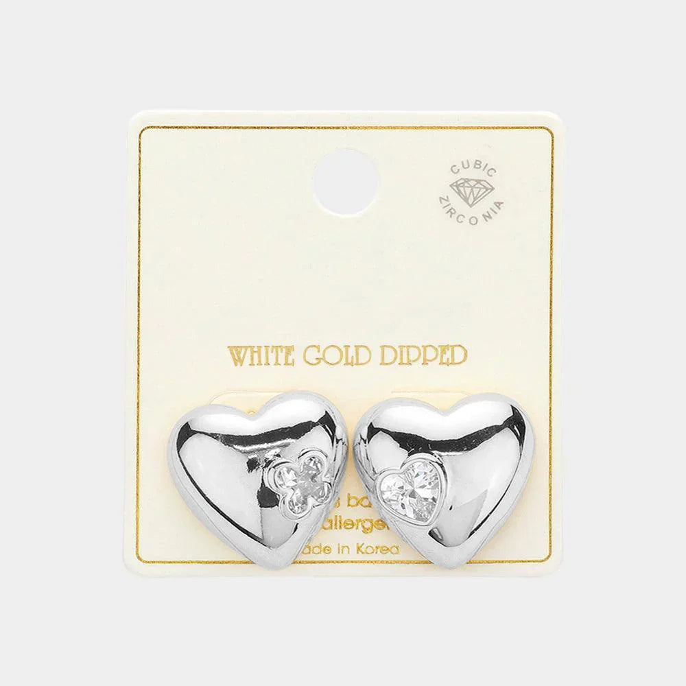 Silver White Gold Dipped CZ Stone Pointed Dream Heart Stud Earrings - Jewelry Store by Erik Rayo