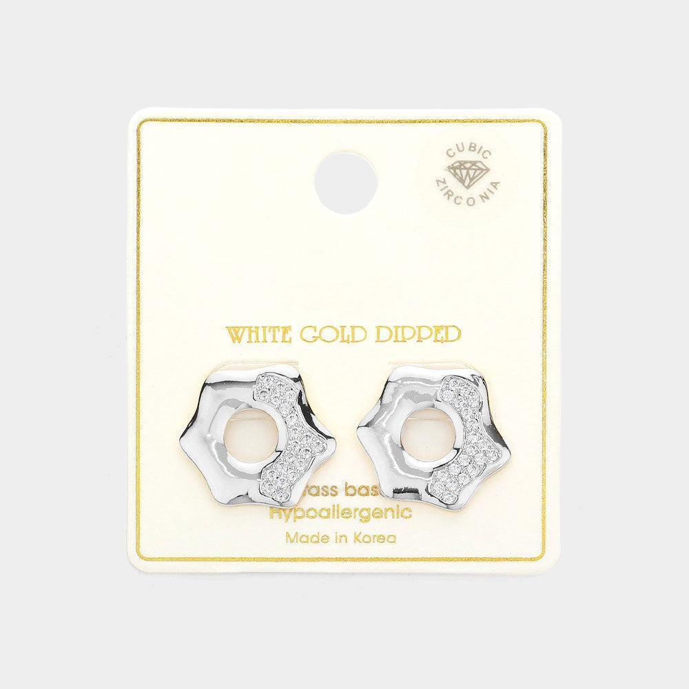 Silver White Gold Dipped CZ Paved Octagon Stud Earrings - Jewelry Store by Erik Rayo